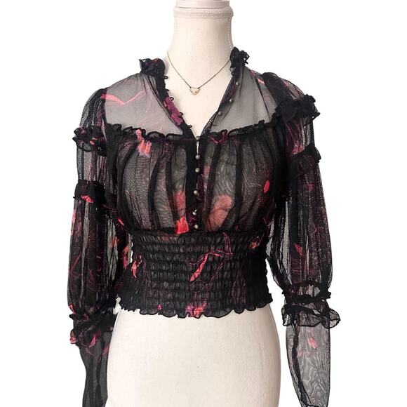 Free People Tops - Free People Women’s Sheer Floral Rudfled Buttons Blouse Size XS